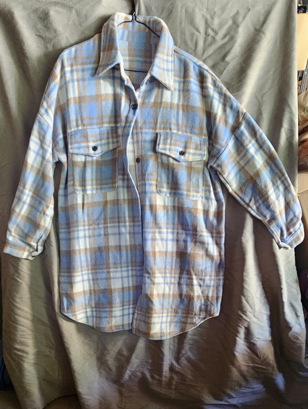 Light Blue Plaid Button-Front Shacket for Women
